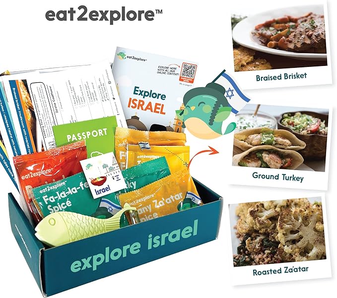 eat2explore Kids Interactive & Educational Real Cooking Set for Families | Includes 3 Local Recipe Cards with Key Ingredients, Cooking Tools, Fun Kids Explorer Guide | Explore Israel Kit