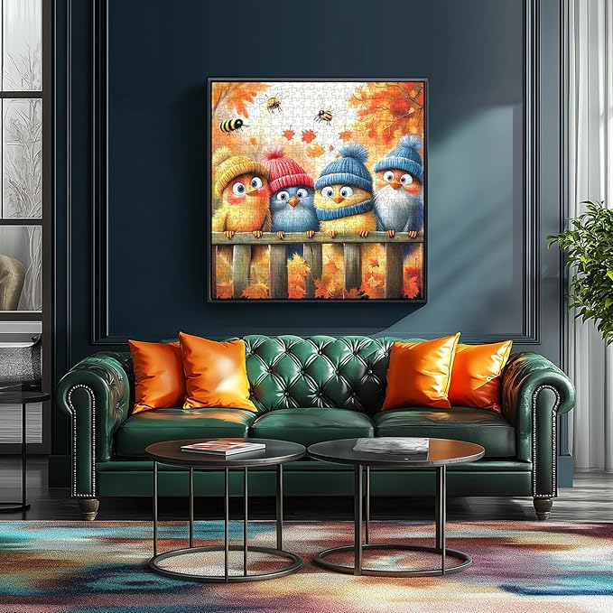 Autumn Birds 500 Piece Jigsaw Puzzle for Adults Cute Fall Nature Landscape Cartoon Baby Birds with Winter Hats Family Challenging Puzzle with Letters on Back Perfect for Game Night (23"X15")