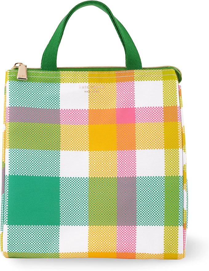 Kate Spade New York Portable Soft Cooler Lunch Bag, Small Insulated Tote, Thermal Lunch Bag with Silver Insulated Lining and Storage Pocket, Spring Plaid