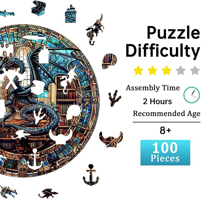 Jigfoxy Wooden Puzzles for Adults, Dragon's Library Wood Puzzles Adult, Unique Animal Shape Wooden Jigsaw Puzzles for Adults, Birthday Gifts for Puzzle Lovers, Family (S-8.5 * 8.5in-100pcs)