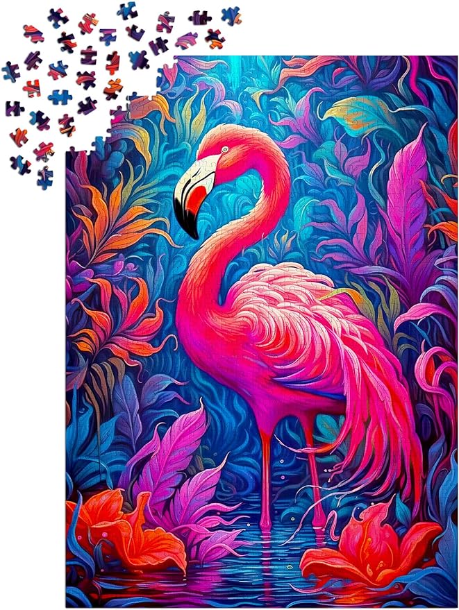 1000 Pieces Jigsaw Puzzle for Adults – Matte Finish, Soft Touch, Easy to Assemble, Tight Fit, Vivid Colors, Missing Pieces Service – Pink Flamingo in Wild Forest Flower Pond – by ENJOY Puzzle