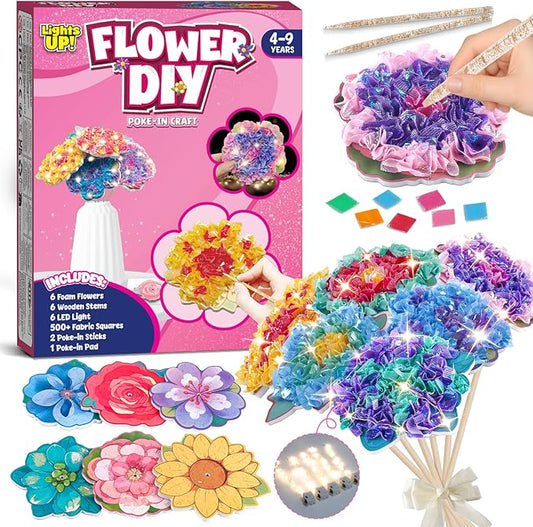 DIY Flower Bouquet Craft Kits, Poke in Arts and Crafts for Kids Girls Boys 4 5 6 7 8 9 10 11 12 Years Old Great Birthday Christmas Gifts 6 Flowers with LED Lights