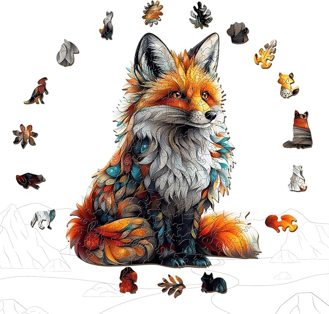 Wooden Puzzles for Adults - Artistic Fox Wood Puzzles Adult - Unique Animal Shape Wooden Jigsaw Puzzles for Adults - Birthday Gifts for Puzzle Lovers, Family (11.4 * 11.4in)