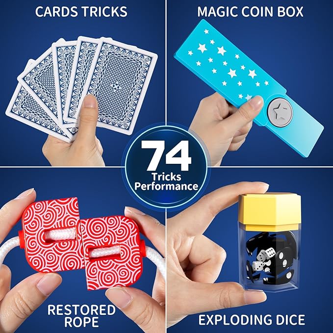 Magic Kit for Kids - 74 Magic Tricks Performance with Manual and Videos, Magic Gift Set for 6+ Years Old Beginner Magicians, Perfect for Halloween Christmas Birthday Parties & Family Fun