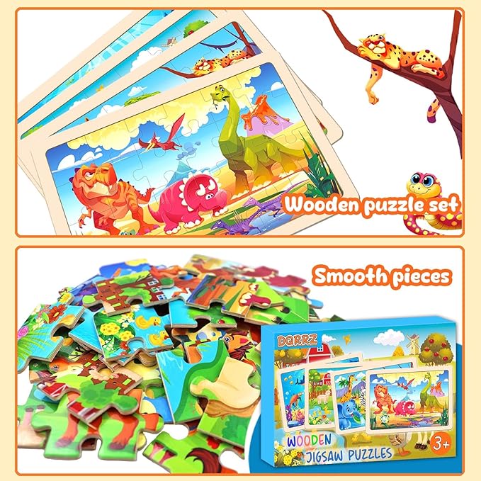 Wooden Puzzles for Kids Ages 4-6, 24 Pieces Dinosaur, Undersea, Wildlife, Farm Jigsaw Puzzles for Kids Ages 3-5. 4 Pack Toddler Puzzles Toys for Boys and Girls Ages 3,4,5,6 Year Old