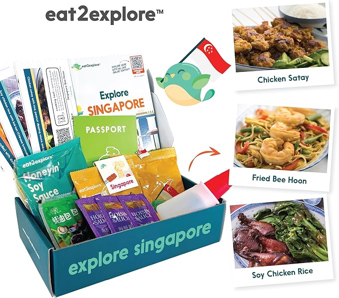 eat2explore Cooking Kits for Kids - Interactive & Educational Set with 3 Recipe Cards, Key Ingredients & Cooking Tools - Ideal Idea for Kids who Love to Create Meals (Singapore Edition)