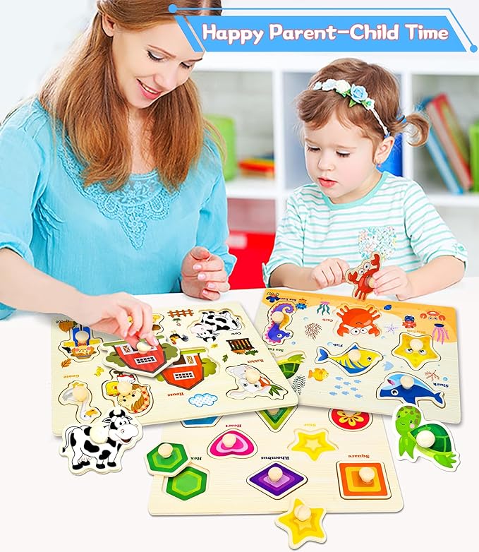 Wooden Peg Puzzles for Toddlers,Montessori Toddler Puzzles for Child,Fine Motor Skill Learning Puzzles Toys for Baby Boys Girls Gifts-6 Pcs Shape,Farm,Sea Animal,Dinosaurs,Fruits,Animals