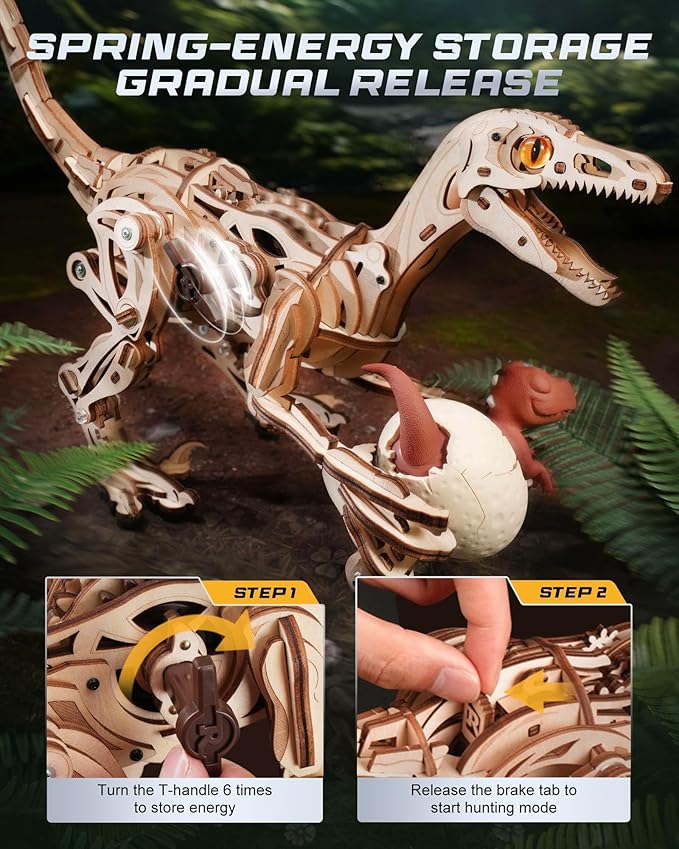 ROKR Walking Dinosaur Toys 3D Wooden Puzzles for Adults, Mechanical Wood Model Kits, Stem Building Project DIY Crafts Kits, Educational Toys Dino Collection Birthday Gifts for Adults & Teens 14+