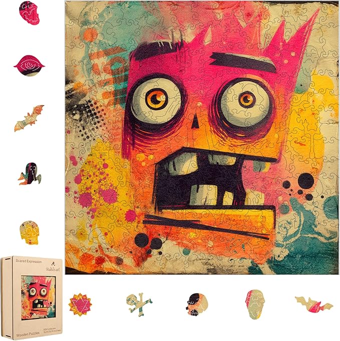Ruikiyart Wooden Puzzles for Adults, 5MM 500 Pieces Funny Scared Expression Wooden Jigsaw Puzzle, Unique Shaped Puzzle Gifts for Adults and Kids on Christmas, Family Puzzle Games (Red, 15.9''x15.9'')