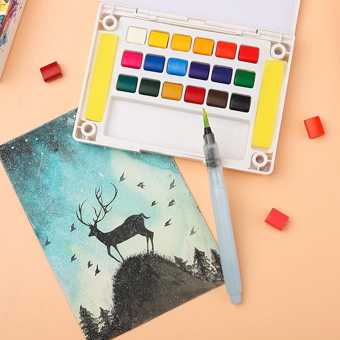 Watercolor Paint Set,Vivid Colors Travel Paint Set Graspable Painting Set Watercolor Sketching Kit with Water Brush Pens,24 Sheets Watercolor Papers,3 Online Tutorial Video - 18colors