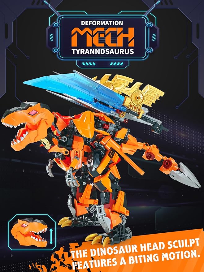 T-Rex Mech 2-in-1 Building Set, Cool Transforming Building Blocks Toy, Compatible with Lego, Dinosaurs Park Kit with Transform Robot, Birthday for Kids Boys, Adult Age 8-12 (T-Rex)