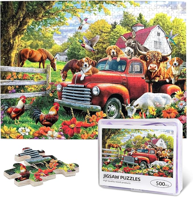 Colorful Spring Farm Puzzle for Adults 500 Pieces Animal Farm Dogs Cows Donkey Horses Puzzle Artwork Friends Family Activity Game Nights Gifts