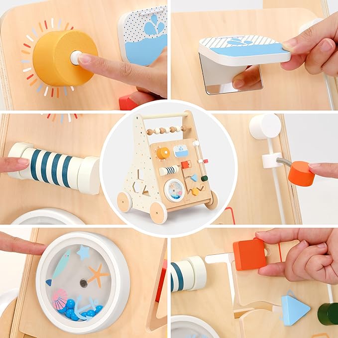 Wooden Baby Walker Push Toy with Activity Center, Montessori Toddler Walking Wagon with Blocks, Gears & Shape Sorter for 1 2 3 Year Old Boys Girls