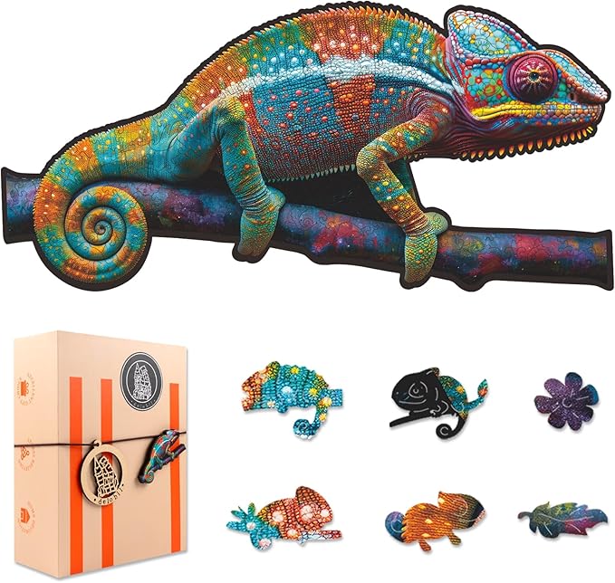 delobil Wooden Puzzles for Adults, Chameleon Jigsaw Puzzles 200 Piece, Unique Shape Puzzles for Adults and Kids, Fun Challenging Puzzles Family Game Gift, Medium Size 15.6 x 7.6 Inches
