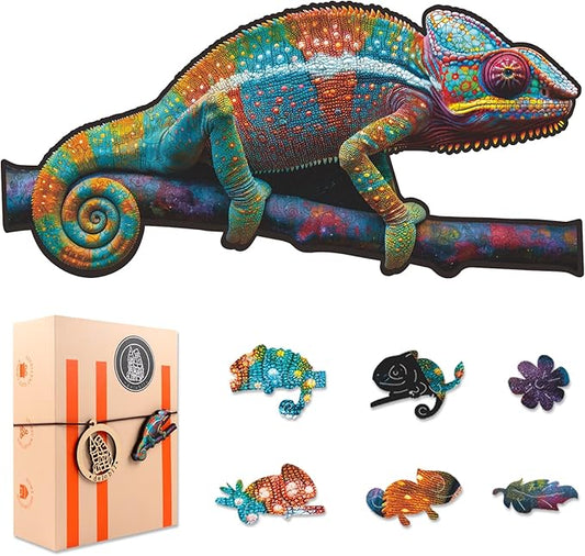 delobil Wooden Puzzles for Adults, Chameleon Jigsaw Puzzles 200 Piece, Unique Shape Puzzles for Adults and Kids, Fun Challenging Puzzles Family Game Gift, Medium Size 15.6 x 7.6 Inches
