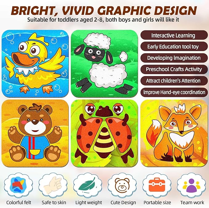 5 Sets Felt Puzzles for Toddlers 1-3, Toddlers 2-4,Animals Felt Puzzles Educational Montessori Toys Gifts for 1 2 3 Year Old Kids Learning Toy