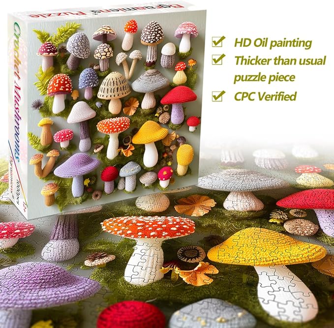 Bgraamiens Puzzle-Crochet Mushrooms-1000 Pieces Mushroom Puzzles for Adults, Nature Plant Jigsaw Puzzles Mushroom Art Puzzles,Unique Plant Jigsaw Puzzle Retro
