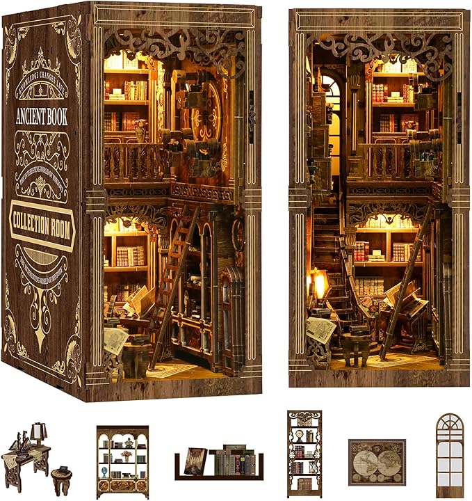 Book Nook Kit - DIY Enchanted Cottage Miniature House for Adults & Teens, 3D Wooden Puzzle Booknook with LED Lights, Bookshelf Insert Decor & Creative Model Building（Antique Books Collection Room）