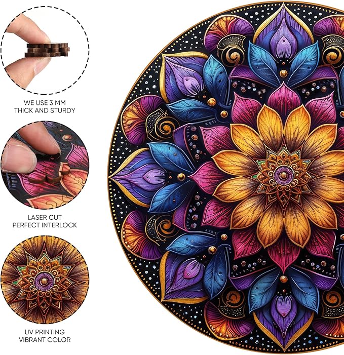 Wooden Puzzles for Adults, Mandala Jigsaw Puzzles 200 Piece, Unique Shapes Family Reunion Puzzle, Exquisite Packaging, Best Gift for Adults and Kids, Family Game, 11.2x11.2 in