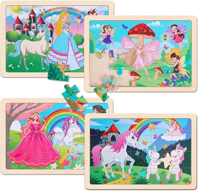 Wooden Educational Jigsaw Puzzles for Preschool Kids Ages 3-5, 4-Pack with 20 Pieces Unicorn Princess Wood Puzzles Set, Toddler Brain Teaser Toys, Preschool Gifts for Boys Girls Ages 3 4 5 6