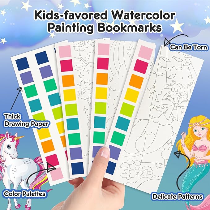Watercolor Painting Coloring Books Pocket Watercolor Paint Bookmarks, Mess Free Paint with Water Set, Travel Activities Art Party Favors Exchange Birthday Gifts for Kids (3in1)