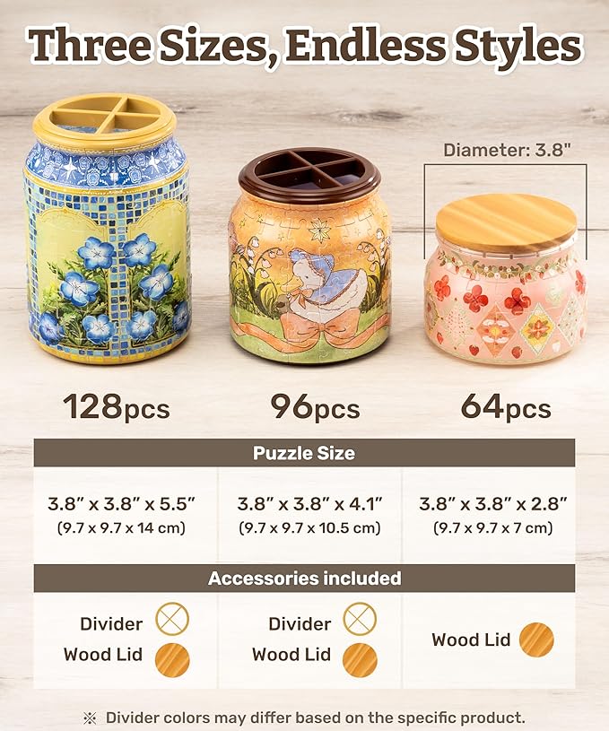 3D Puzzle Jar 128 Plastic Pieces for Adults - Summer Blossoms Use Includes Divider Pen & Utensil Holder with Wooden Lid Dining,Study Living Room Medium [BA1016]