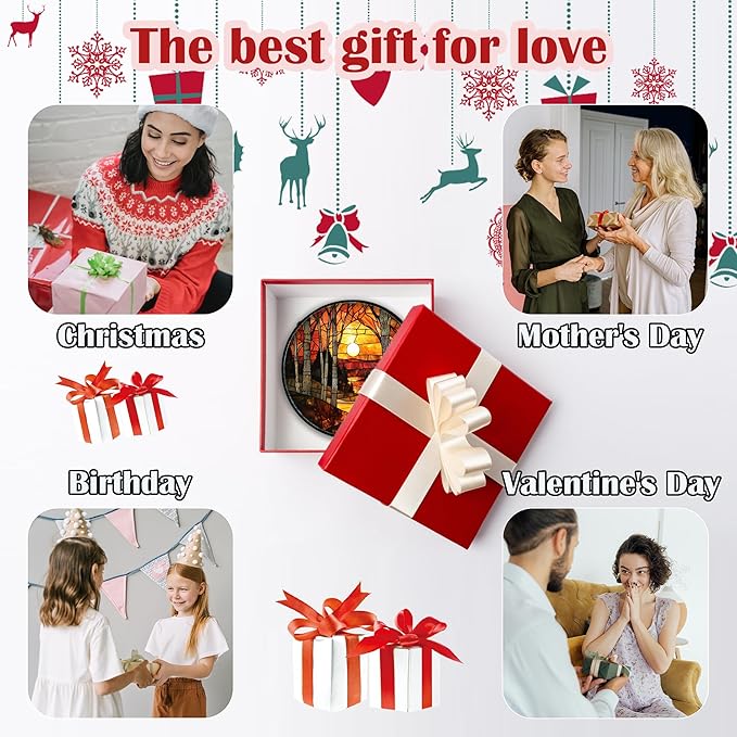 Stained Glass Window Hanging, Orange Red Landscape Forest Lake Moon Suncatcher for Doors Window Home Sun Catchers Decor Mother's Day Birthday Gifts for Women Men Mom 15 in