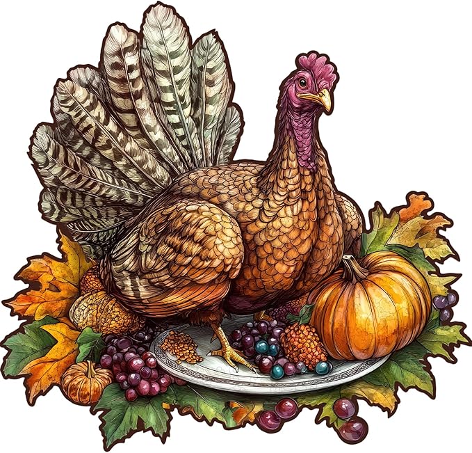 delobil Thanksgiving Wooden Puzzles for Adults, Autumn Table Turkey Jigsaw Puzzles 200Pcs, 11.2x10.7in, Medium Size, Unique Shape Adult Fall Puzzle, Thanksgiving Gift for Adults and Kids Family Game