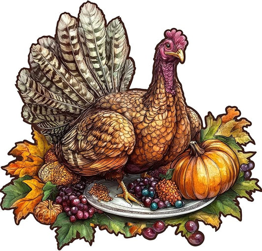 delobil Thanksgiving Wooden Puzzles for Adults, Autumn Table Turkey Jigsaw Puzzles 200Pcs, 11.2x10.7in, Medium Size, Unique Shape Adult Fall Puzzle, Thanksgiving Gift for Adults and Kids Family Game