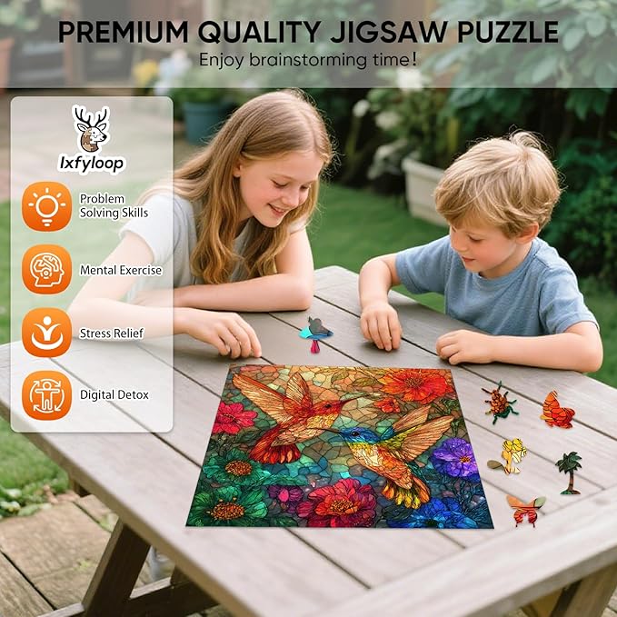 Wooden Puzzles for Adults 500 Pieces, Glass Hummingbird Jigsaw Puzzles, Unique Design Color Challenge Adult Puzzles for Family Brain Game Gift, Home Decor,15.9x15.9 inch