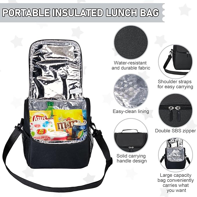 Bento Lunch Box for Kids with 17oz Soup Thermo,Insulated Tumbler Water Bottle and Insulated Lunch Bag,Leak-Proof 3 Compartment Lunch Food Container with with Ice Pack for Kids to School-Black