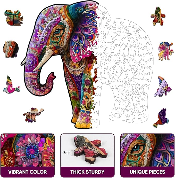 Wooden Jigsaw Puzzle, 200 Pcs Unique 3D Shape Jigsaw Puzzles, Wood Puzzle Gift Box Packing, Medium Size Letter, Creative Gift for Adults and Kids, Fun Challenging (200PCS, Elephant)