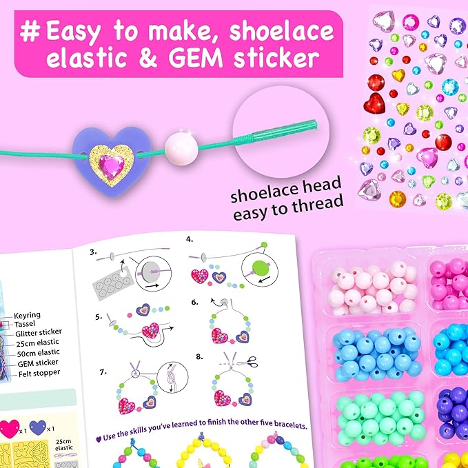 EZCRA Bracelet Making Kit for Kids 4-6 - 12 DIY Jewelry Craft Set with Beads, Gem Stickers and Charms for Girls Ages 5-8 - Easy DIY Bracelet Kit, Gift for Girls