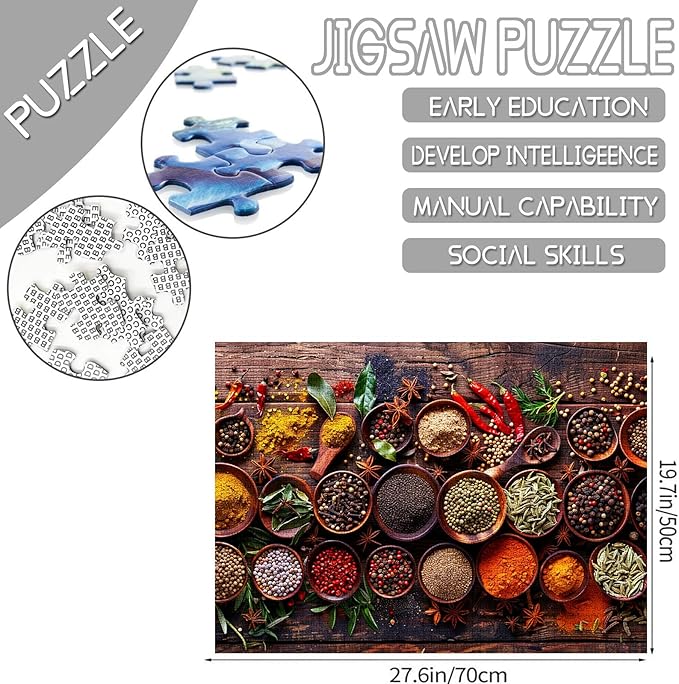 Tucocoo Variety of Spices Jigsaw Puzzle 1000 Pieces Puzzles for Adults, Rustical Wood Natural Kitchen Art Puzzles for Challenging Family Activity Games 27 x 20 inch Colorful DIY Puzzle for Home Decor