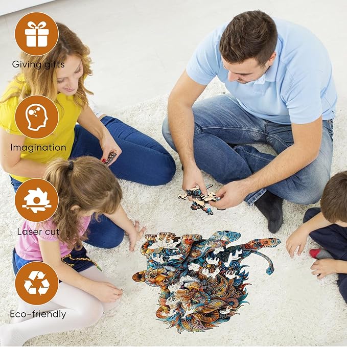 Wooden Puzzles for Adults, Lion Family Jigsaw Puzzles 200 Piece, Unique Shape Puzzles for Adults and Kids, Fun Challenging Puzzles Family Game Gift, Medium Size 10.6 x 11.3 Inches