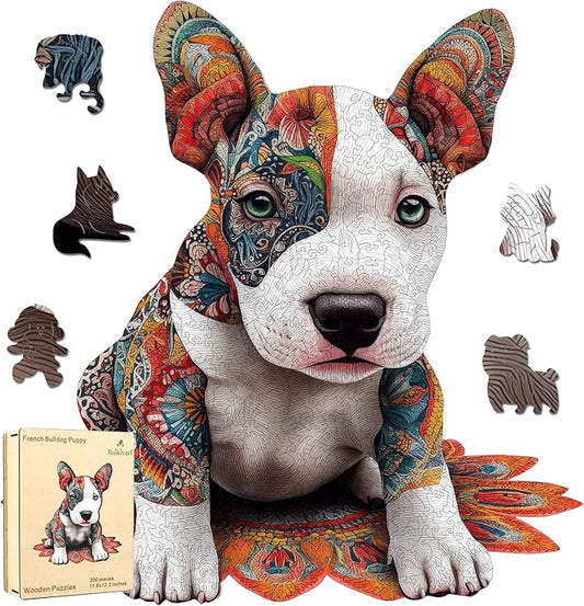 Ruikiyart Wooden Puzzles for Adults,200 Pieces French Bulldog Jigsaw Puzzles for Adults and Kids,Unique Shaped Dog Wood Puzzles,Fun Challenging,Best Gift,12.2X11.8Inches