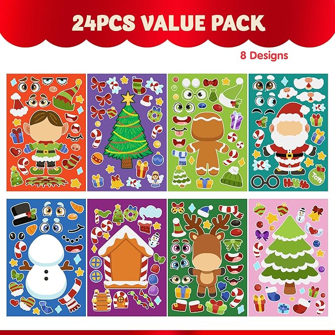 JOYIN 24 Pcs Christmas Make-a-face Stickers, Make Your Own Characters Mix and Match Sticker Sheets with Christmas Elf, Santa, Snowman, Tree, Xmas Party Games for Kids Party Favor Supplies Craft