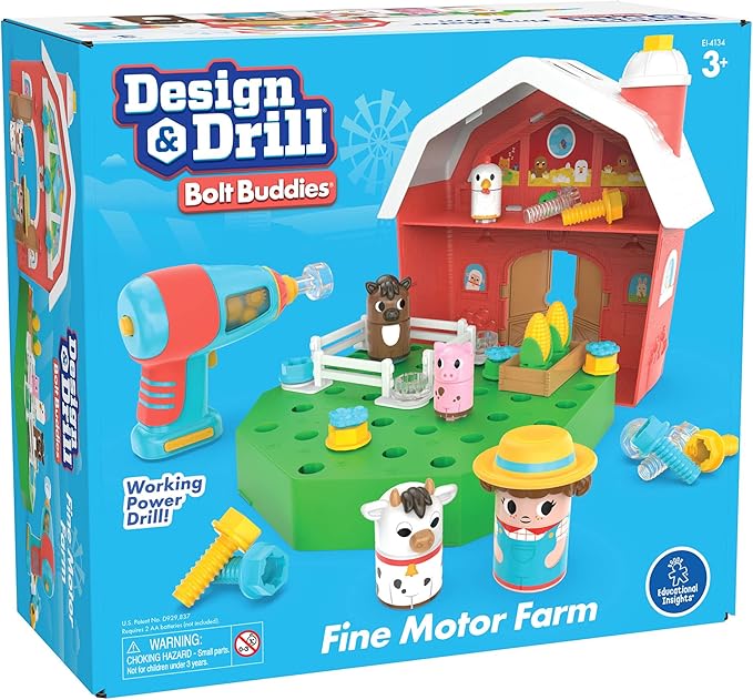 Educational Insights Design & Drill Bolt Buddies Barn - Construction Toys & Tools for Kids, Take Apart STEM Set with Real Electric Toy Drill, Pretend Play Building Kit, Gifts for Toddlers Ages 3+