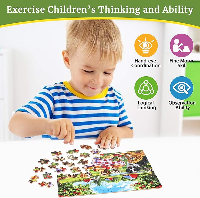 Puppy Dogs Animal Picnic Puzzles for Kids Ages 4-8, 100 Pieces Jigsaw Puzzles for Kids Ages 3-5 Puzzle for Girls and Boys Learning Educational Puzzles Toys in a Metal Box