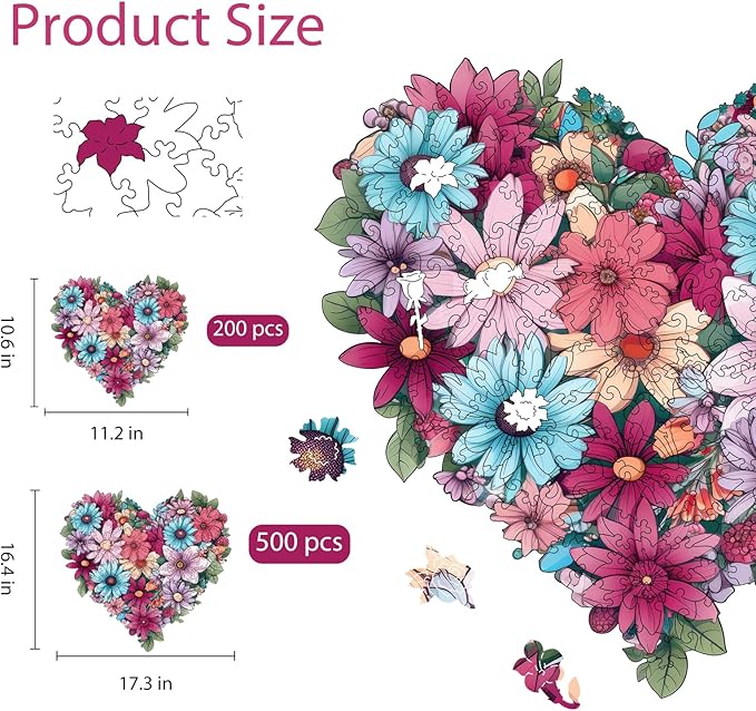 Ruikiyart Wooden Puzzles for Adults, 5MM 200 Pieces Heart Flower Wooden Jigsaw Puzzles, Unique Shapes Puzzles Great Gift for Adults and Kids on Birthday, Christmas (11.2"x10.7")