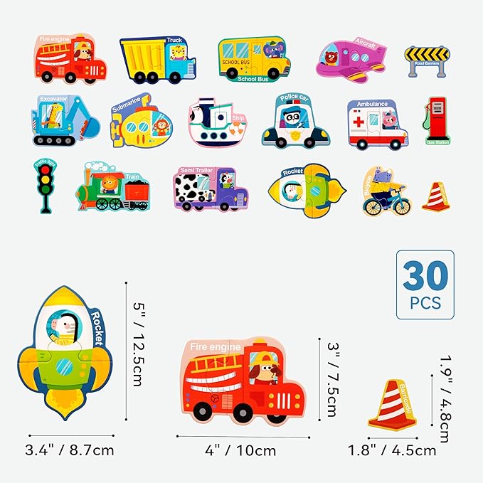 Dotimo 30 PCS Vehicle Pairing Magnetic Puzzle - Truck Fridge, Magnets Kids, Fridge Magnets for Toddlers 1-3