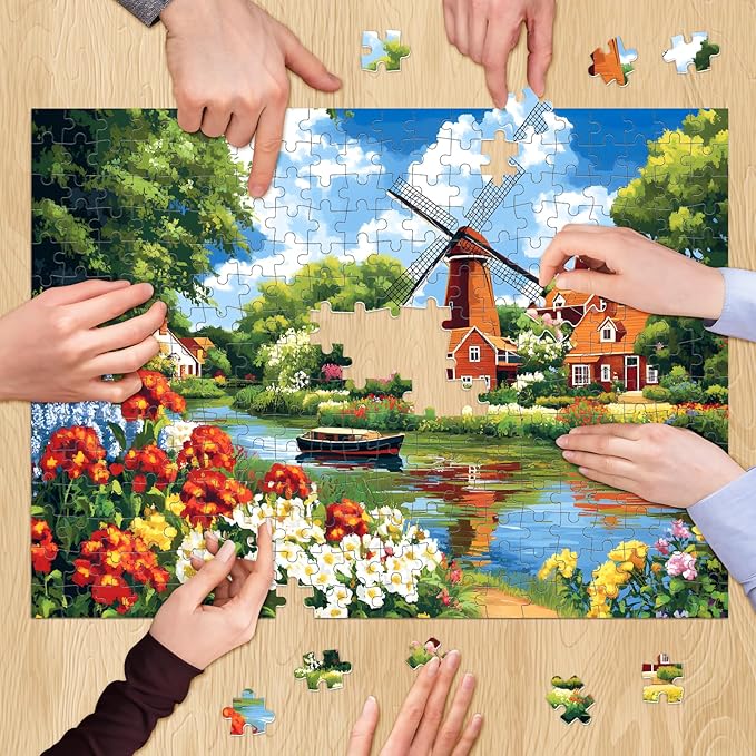 300 Piece Puzzles for Adult, Flower Jigsaw Puzzles 300 Pieces for Adults Kids Senior, Windmill River Adult Jigsaw Puzzles, Challenging Family Fun Puzzle Activity Game Gift for Friend 20.5 X 15 in