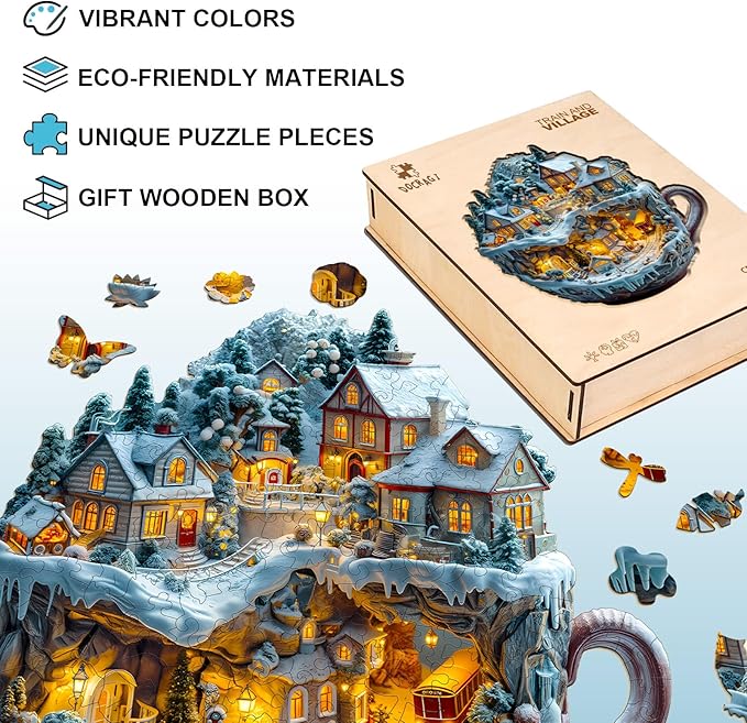 Wooden Puzzles for Adults - Train and Village Wooden Jigsaw Puzzle - Unique Animal Shaped Wood Puzzles Adult - Christmas Birthday Gifts for Adults/Friends/Family - 90pcs 8.5 * 7.9in