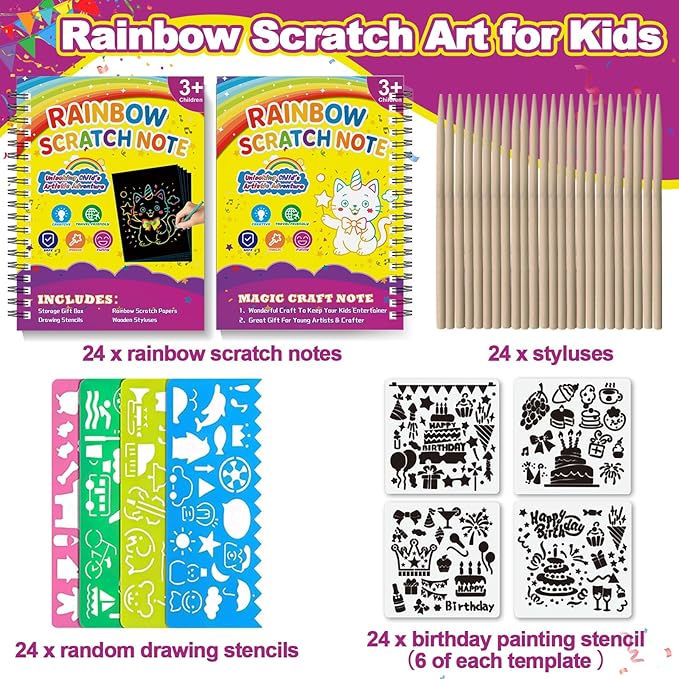 HXDOGSP Scratch Art for Kids: 24 Pack Rainbow Scratch Paper Party Favors - Art Crafts Notebook Suitable for Birthday Gifts/School Crafts Kit/Classroom Prizes for Girls and Boys Aged 4-12