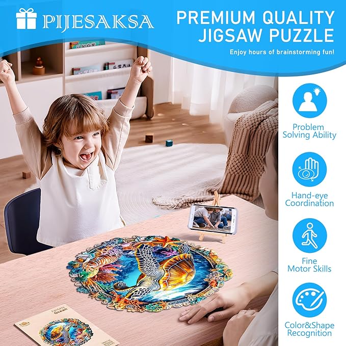 Wooden Puzzles for Adults - Fantasy Ocean Wooden Jigsaw Puzzle for Adults, Colorful Turtle Wood Puzzles Adult, Unique Animal Shape Ocean Puzzle, Wall Art Home Decor (S-8.5 * 8.4in -100 Pieces)