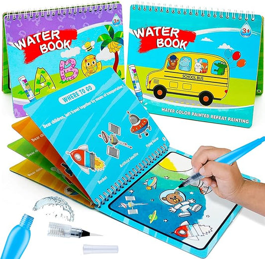 Magic Water Paint Coloring Books for Toddler, Art Toys Age 2-4, Educational Learning Doodle Toy, Gifts for Girl Boy 3 2 1+ Year (Alphabet Transportation 2 Pack)