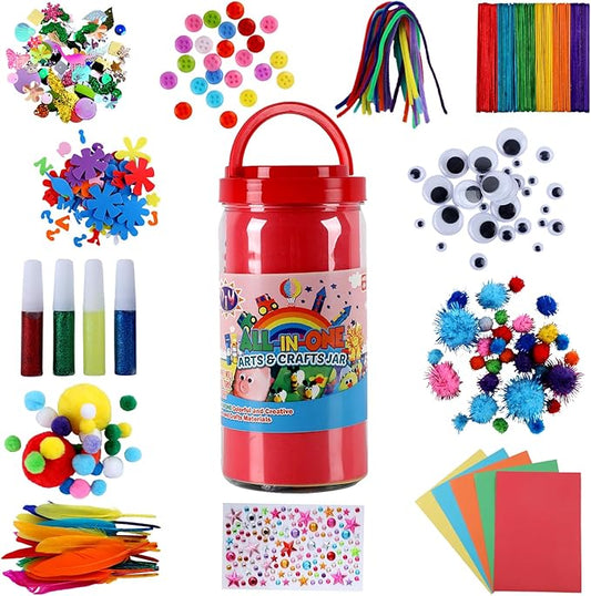 Qukou Arts and Crafts Supplies Kit for Kids- 550+ DIY Art Kit with Glitter Glue, Gem Stickers, Pompoms & Tools in Storage Jar Portable Travel Crafts for Ages 4+ Birthday, Christmas (Art Deco)