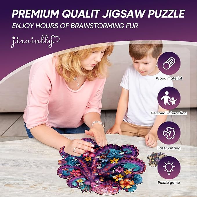 Octopus Wooden Puzzle for Adults, Ocean Jigsaw Puzzles 200 Piece, Unique Shapes Family Reunion Puzzle for Adults, Beautiful Package, Best Gift for Family Friends Medium 11.4x11.37in