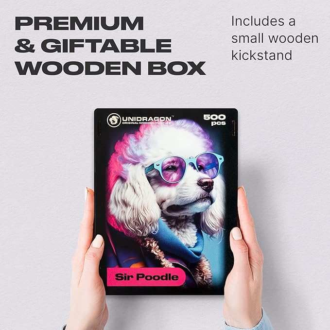 UNIDRAGON Original Wooden Jigsaw Puzzles - Pop Art Glow Up Collection - Sir Poodle - Dog Puzzle 500 Pieces, Beautiful Gift Package, Wooden Puzzle for Adults