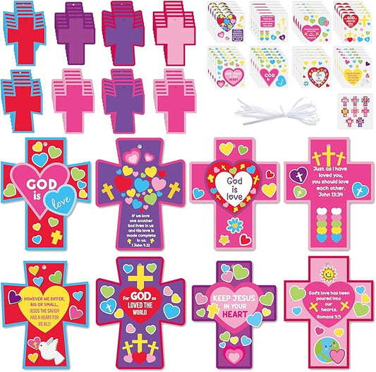 BeYumi Valentine Cross Craft Kit - 123Pcs Valentine's Day Cross Craft Kit DIY Christian Religious Hanging Ornament Make Your Own Sunday School Decoration Home Classroom Party Art Supplies for Kids